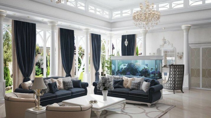 Фото гостиной в частном доме с аквариумом
